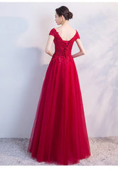 Red Tulle Cap Sleeves Long Corset Prom Dress 2024 A Line Party Dress Outfits, Tulle Dress