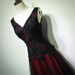 Gorgeous Black And Red V Neckline Tulle Beaded Corset Prom Dress, Long Evening Gown outfits, On Shoulder Dress