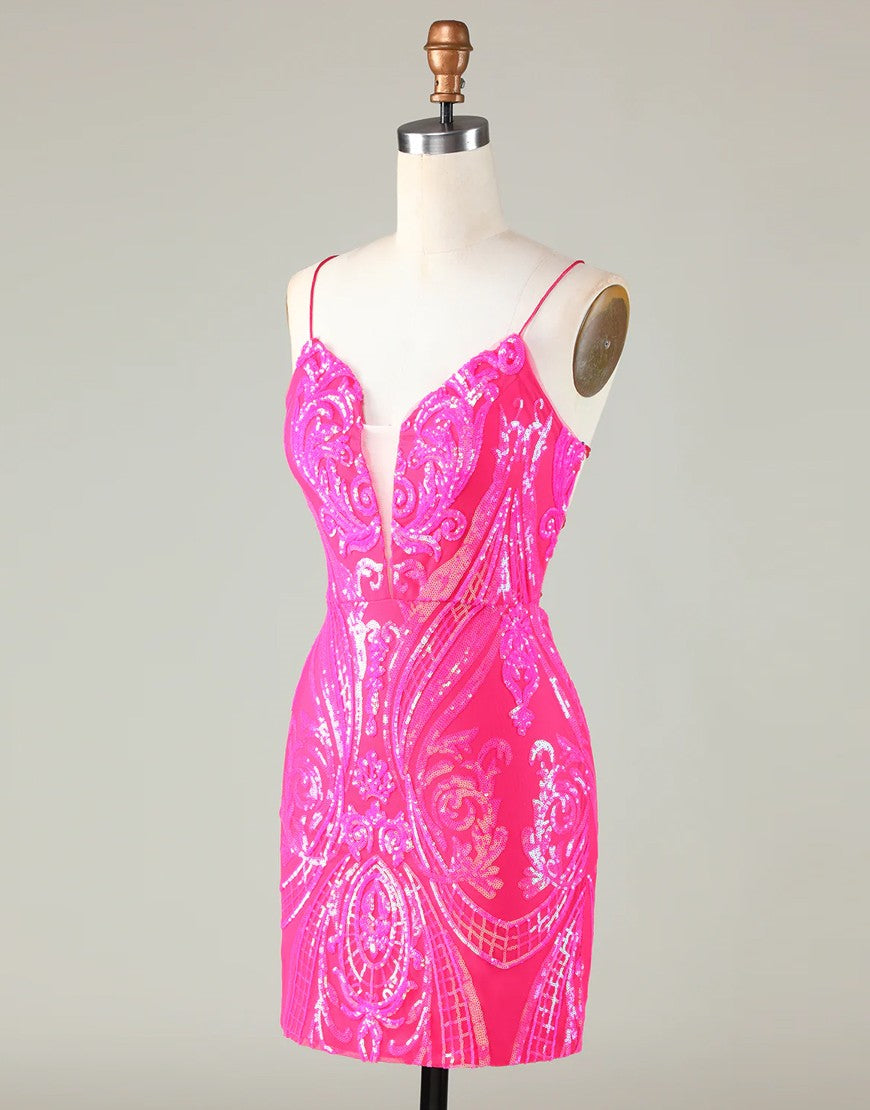 Sparkly Hot Pink Spaghetti Straps Tight Sequins Corset Homecoming Dress outfit, Prom Dress Fitted