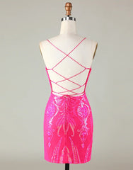 Sparkly Hot Pink Spaghetti Straps Tight Sequins Corset Homecoming Dress outfit, Prom Dresses Fitting