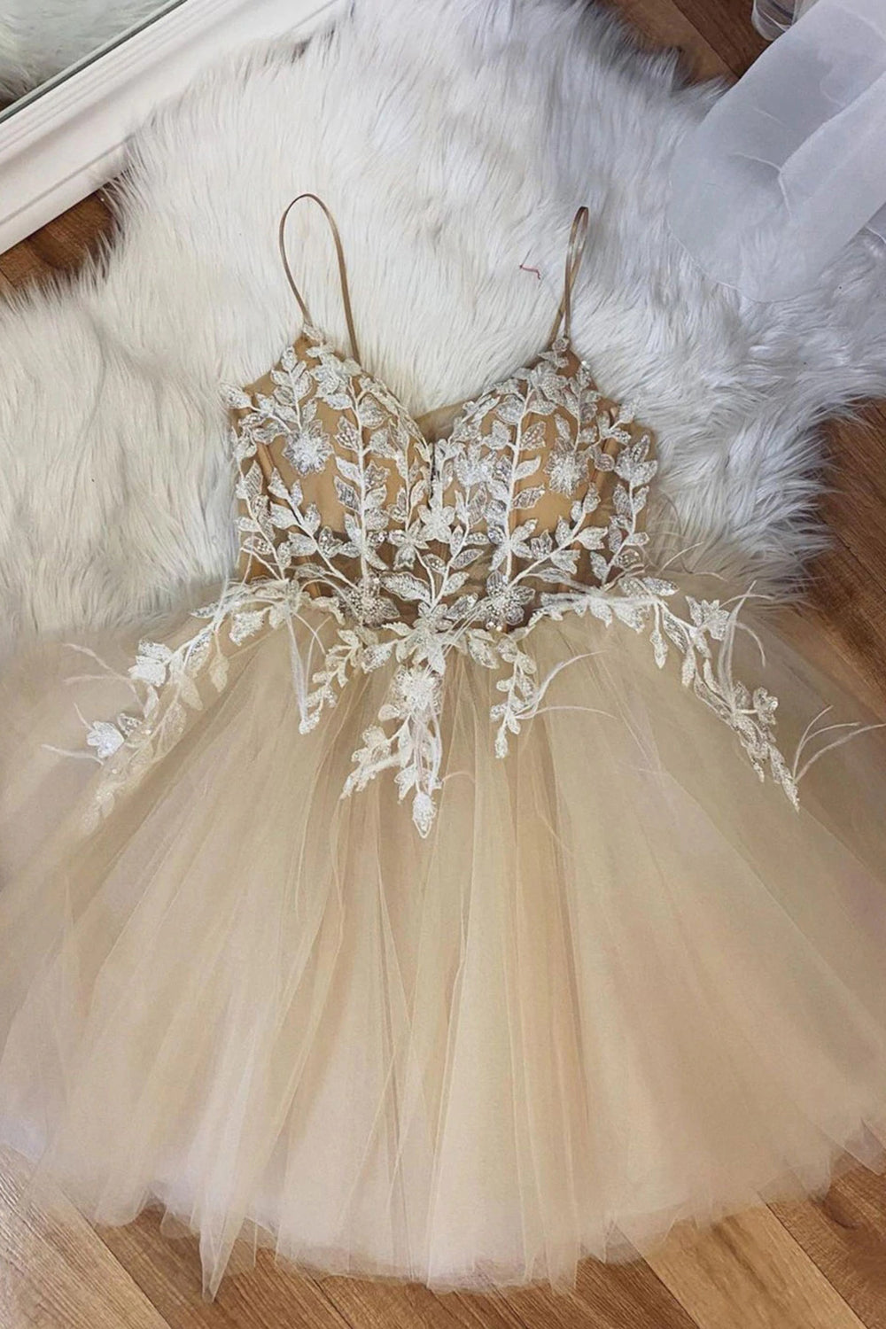 Beige Spaghetti Straps Corset Homecoming Dress With Appliques Gowns, Homecoming Dresses For Girls