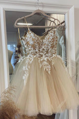 Beige Spaghetti Straps Corset Homecoming Dress With Appliques Gowns, Homecomeing Dresses Short