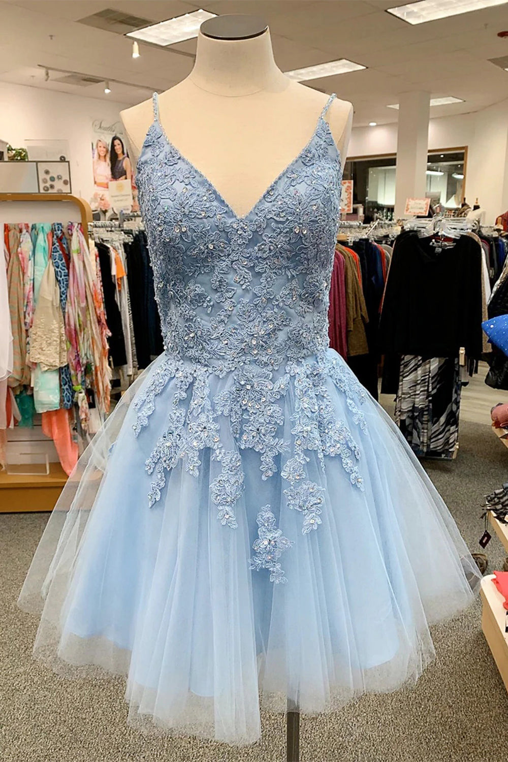 Blue Spaghetti Straps Corset Homecoming Dress With Appliques Gowns, Evening Dress Knee Length
