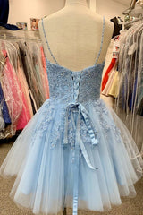Blue Spaghetti Straps Corset Homecoming Dress With Appliques Gowns, Evening Dresses Knee Length
