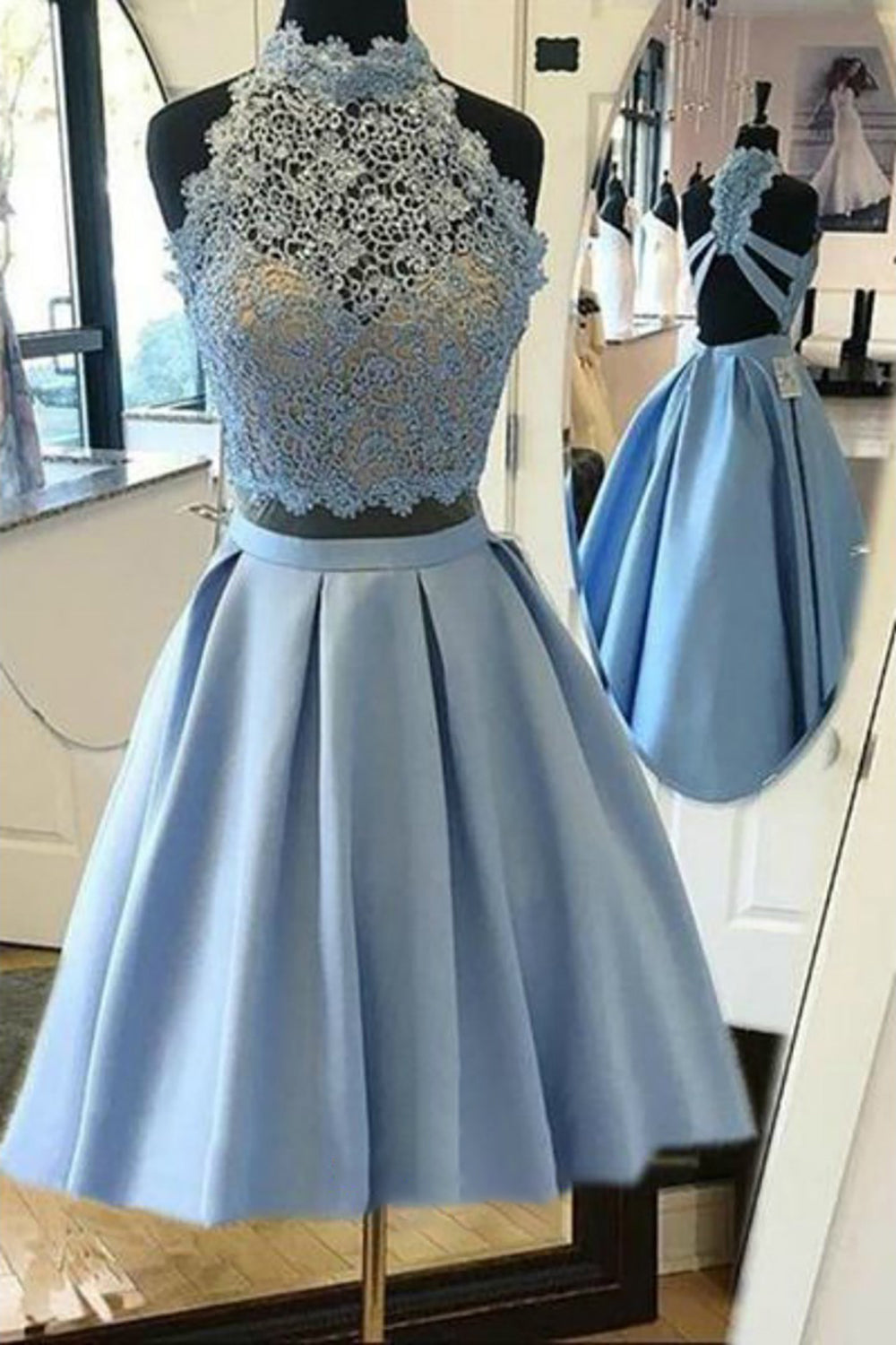 Halter Lace Blue Corset Homecoming Dress outfit, Evening Dresses For Over 72
