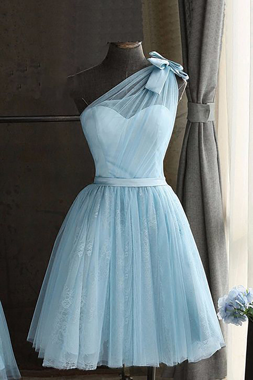 One Shoulder Blue Corset Homecoming Dress With Bowknot outfit, Evening Dresses For Over 62S