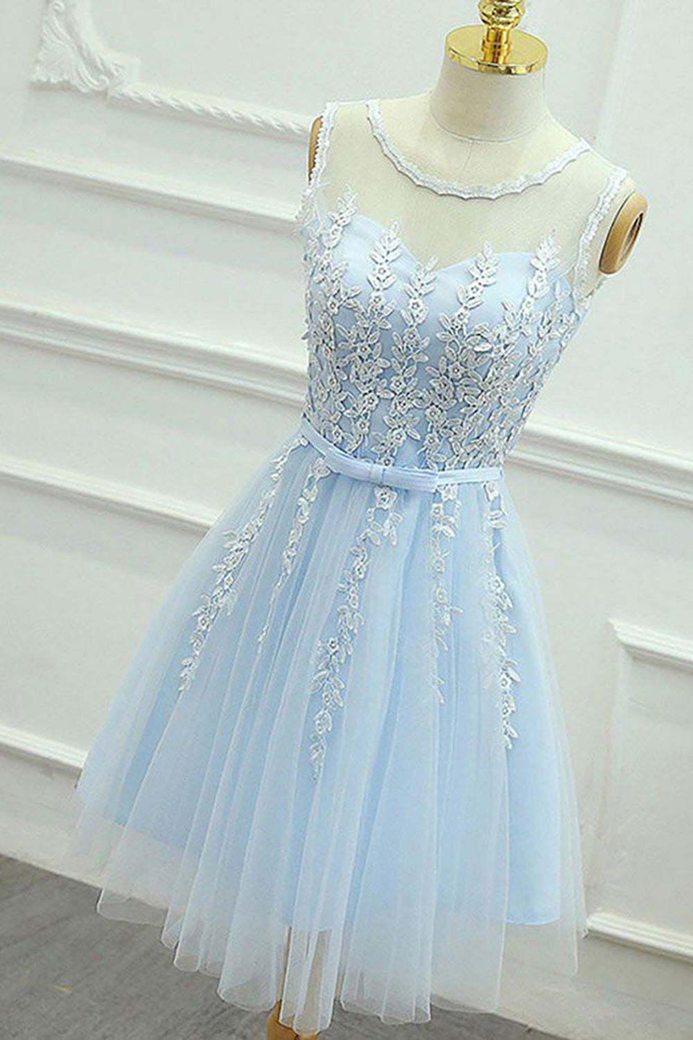 Blue Round Neck A Line Corset Homecoming Dress outfit, Homecoming Dress Lace