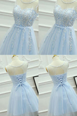 Blue Round Neck A Line Corset Homecoming Dress outfit, Homecomming Dresses Lace