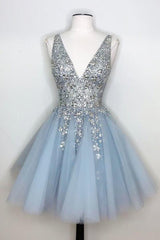 Blue V Neck Corset Homecoming Dress With Beadings outfit, Homecoming Dressed Short