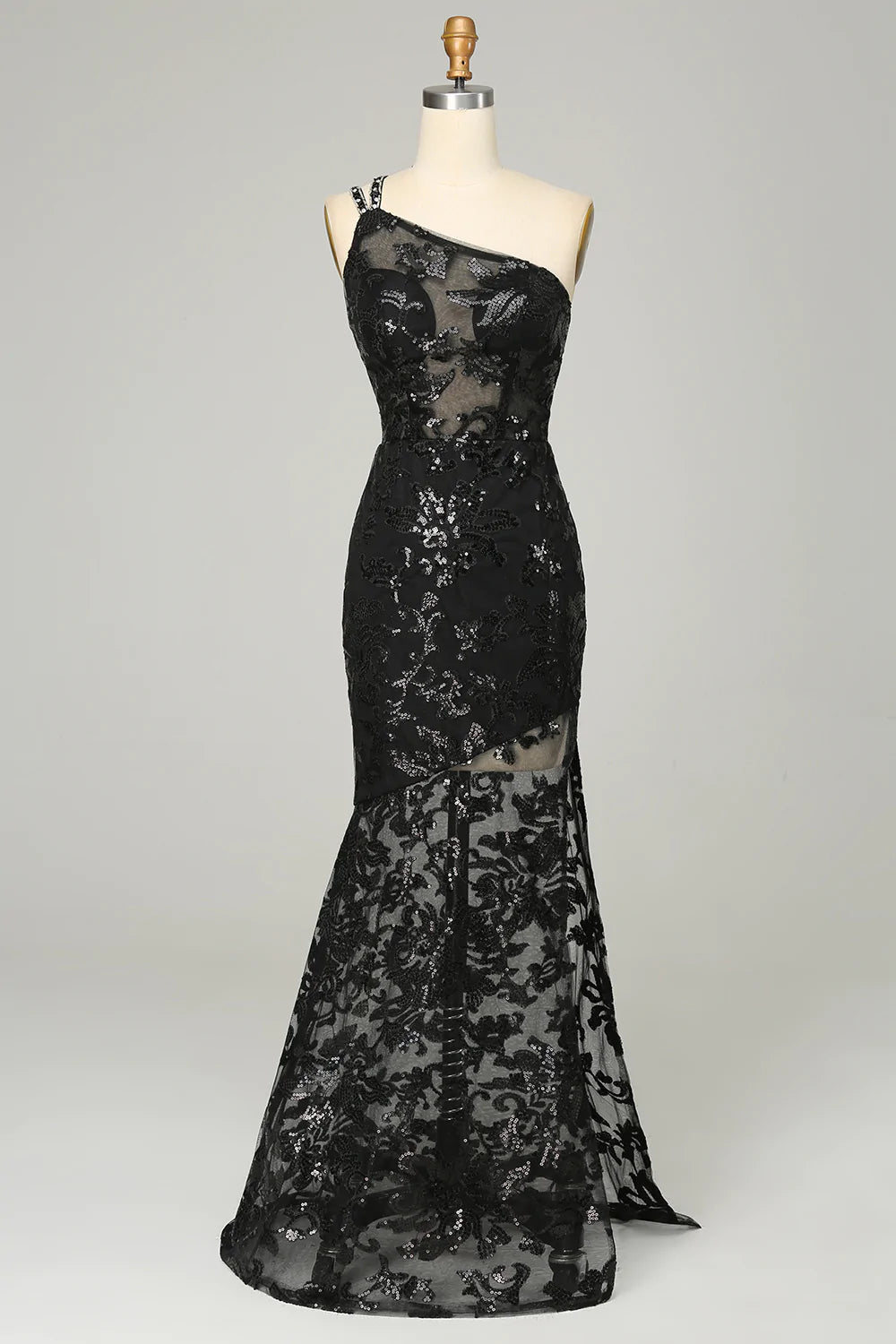 Sheath One Shoulder Backless Black Lace Long Corset Prom Dress outfits, Prom Dress Sales