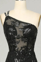 Sheath One Shoulder Backless Black Lace Long Corset Prom Dress outfits, Prom Dress Online