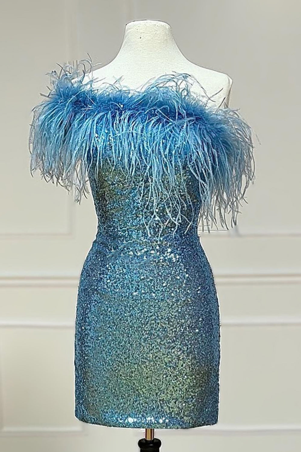 Light Blue Sparkly Tight Sequins Corset Homecoming Dress with Feathers outfit, Black Wedding Dress