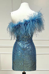 Light Blue Sparkly Tight Sequins Corset Homecoming Dress with Feathers outfit, Blue Prom Dress