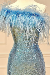Light Blue Sparkly Tight Sequins Corset Homecoming Dress with Feathers outfit, Evening Gown