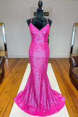 Fuchsia Mermaid Backless Sequined Corset Prom Dress outfits, Bridesmaids Dresses On Sale