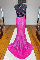 Fuchsia Mermaid Backless Sequined Corset Prom Dress outfits, Bridesmaid Dress On Sale