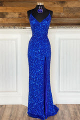 Mermaid Spaghetti Straps Royal Blue Sequins Long Corset Prom Dress outfits, Party Dresses Maxi