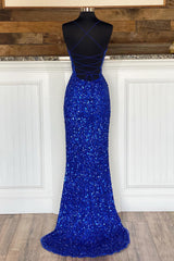 Mermaid Spaghetti Straps Royal Blue Sequins Long Corset Prom Dress outfits, Party Dress Casual
