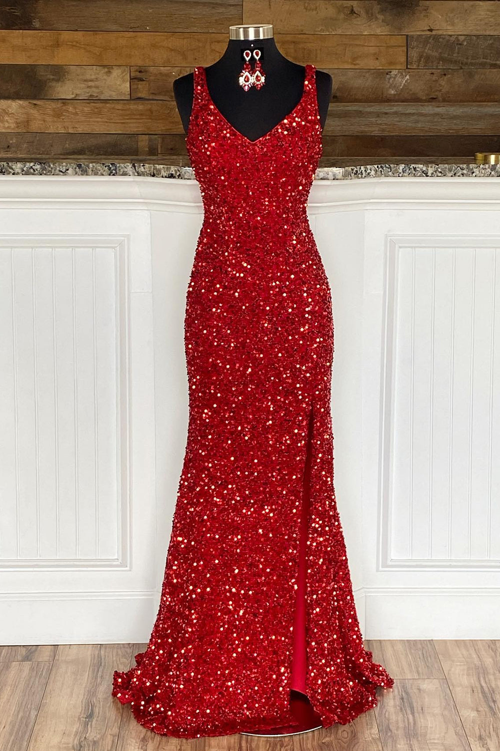 Sheath Spaghetti Straps Red Sequins Corset Prom Dress with Split Front Gowns, Fashion Dress