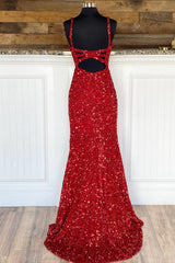 Sheath Spaghetti Straps Red Sequins Corset Prom Dress with Split Front Gowns, Floral Bridesmaid Dress