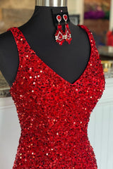 Sheath Spaghetti Straps Red Sequins Corset Prom Dress with Split Front Gowns, Bridesmaid Nail