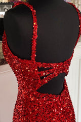 Sheath Spaghetti Straps Red Sequins Corset Prom Dress with Split Front Gowns, Short Prom Dress
