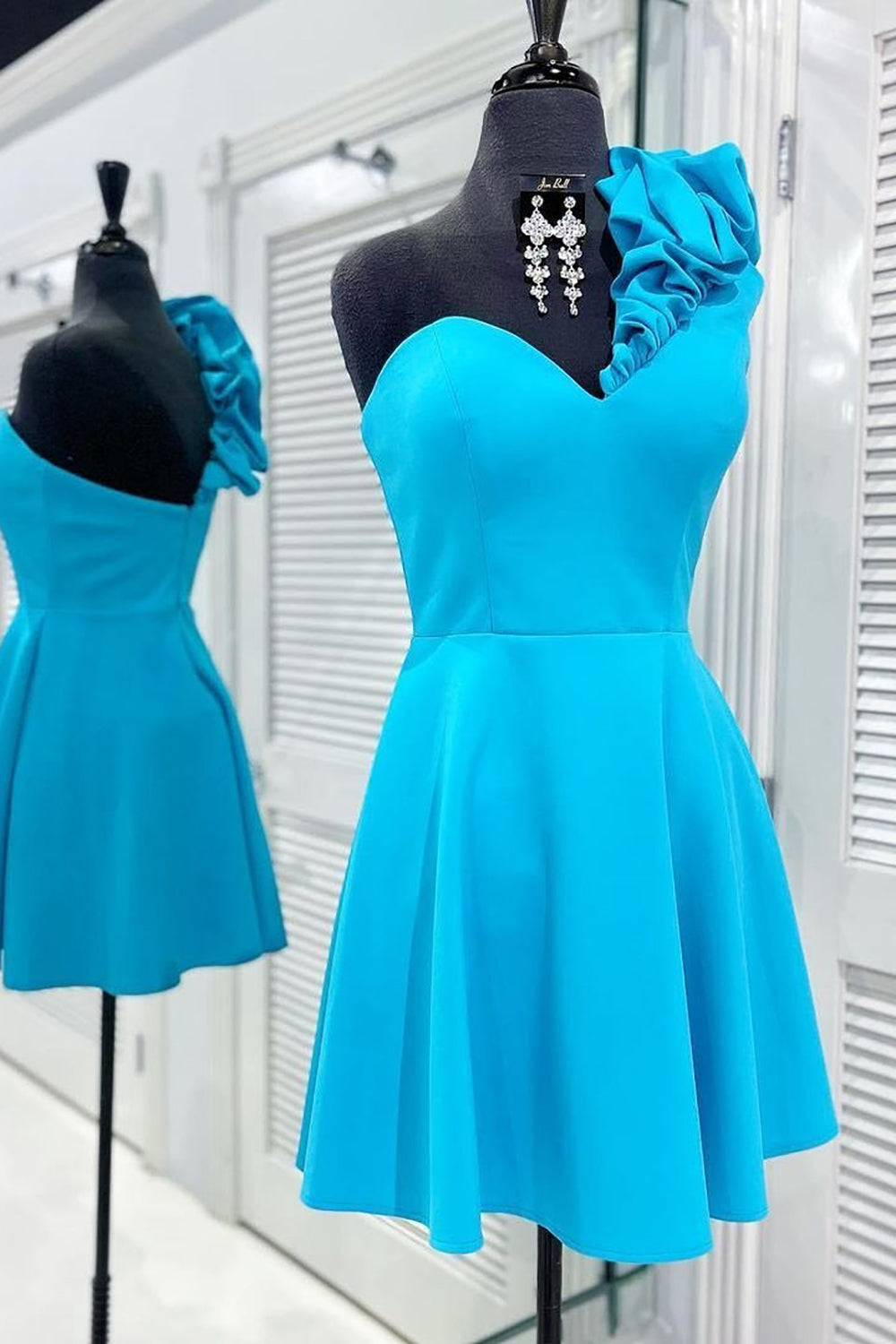 A Line One Shoulder Blue Short Corset Homecoming Dress outfit, Homecoming Dress Shops Near Me