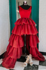 Red High Low Tiered Corset Homecoming Dress outfit, Evenning Dress For Wedding Guest