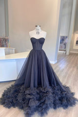 Black Corset Sweetheart Long Corset Prom Dress with Ruffles Gowns, Dream Wedding
