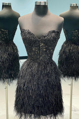 Black Lace Tight Short Corset Homecoming Dress with Feathers outfit, Homecoming Dress Short Prom