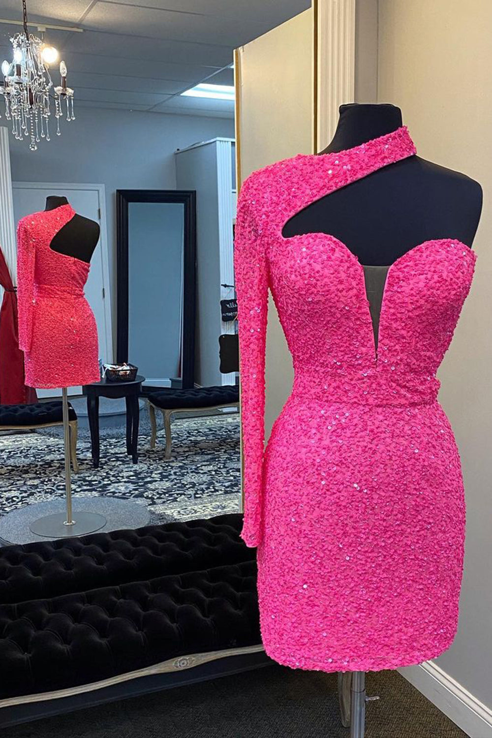 Hot Pink One Shoulder One Sleeves Tight Sequins Short Corset Homecoming Dress outfit, Homecome Dresses Short Prom