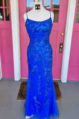 Royal Blue Mermaid Corset Prom Dress with Appliques Gowns, Bridesmaid Dresses On Sale