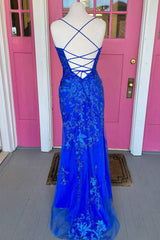 Royal Blue Mermaid Corset Prom Dress with Appliques Gowns, Bridesmaids Dresses Spring