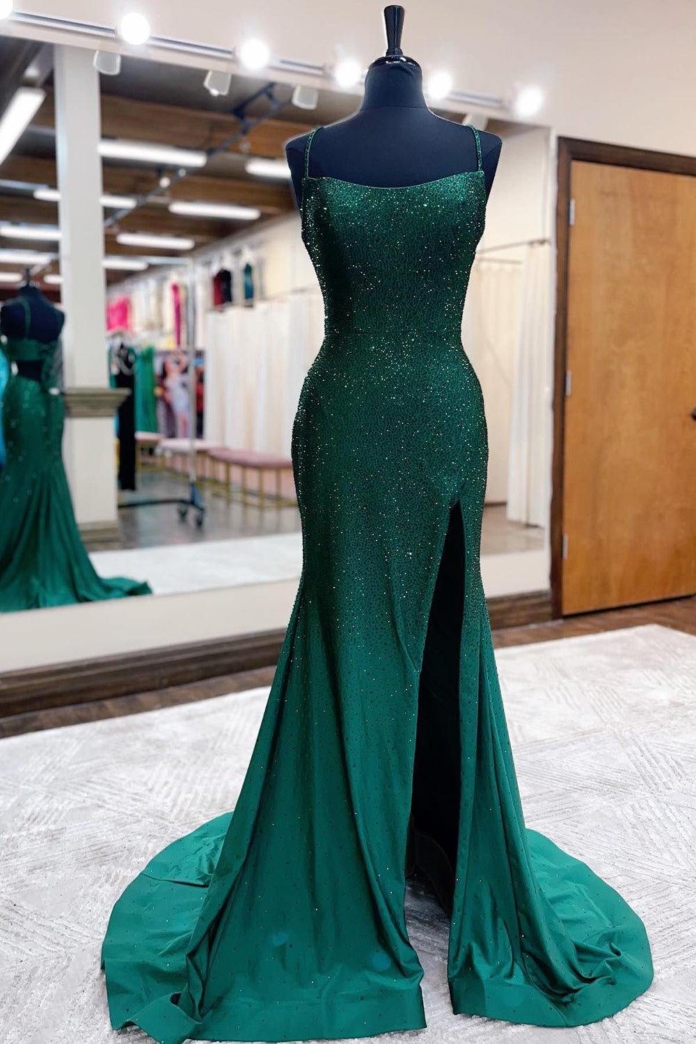 Mermaid Spaghettti Straps Dark Green Sequins Long Corset Prom Dress with Split Front Gowns, Party Dress Styling Ideas