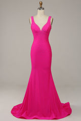 Fuchsia Mermaid V-Neck Beaded Corset Prom Dress outfits, Bridesmaid Dresses Color