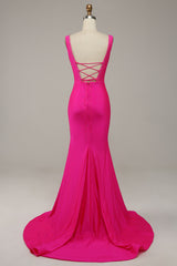 Fuchsia Mermaid V-Neck Beaded Corset Prom Dress outfits, Bridesmaid Dresses Colorful