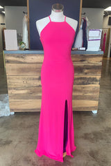 Sheath Halter Hot Pink Long Corset Prom Dress with Silt Gowns, Bridesmaid Dressing Gowns