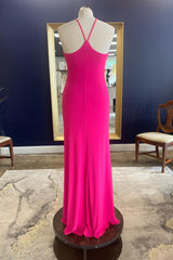 Sheath Halter Hot Pink Long Corset Prom Dress with Silt Gowns, Bridesmaids Dressing Gowns