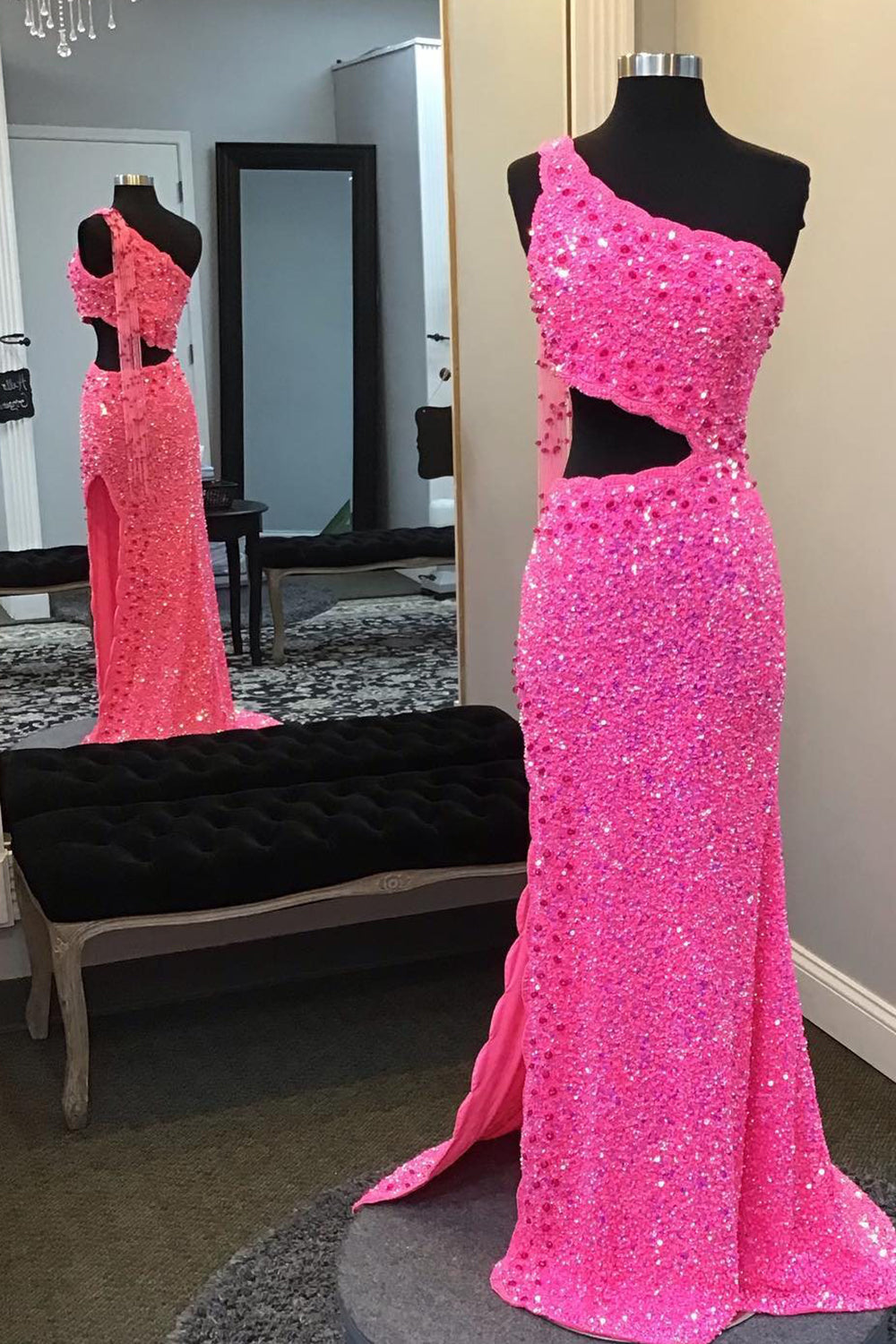 Hot Pink One Shoulder Sequins Corset Prom Dress with Slit Gowns, Elegant Prom Dress