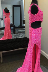 Hot Pink One Shoulder Sequins Corset Prom Dress with Slit Gowns, Prom Dress Long