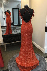 Orange Sparkly Spaghetti Straps Sequins Long Corset Prom Dress with Slit Gowns, Bridesmaid Dress Styles Long