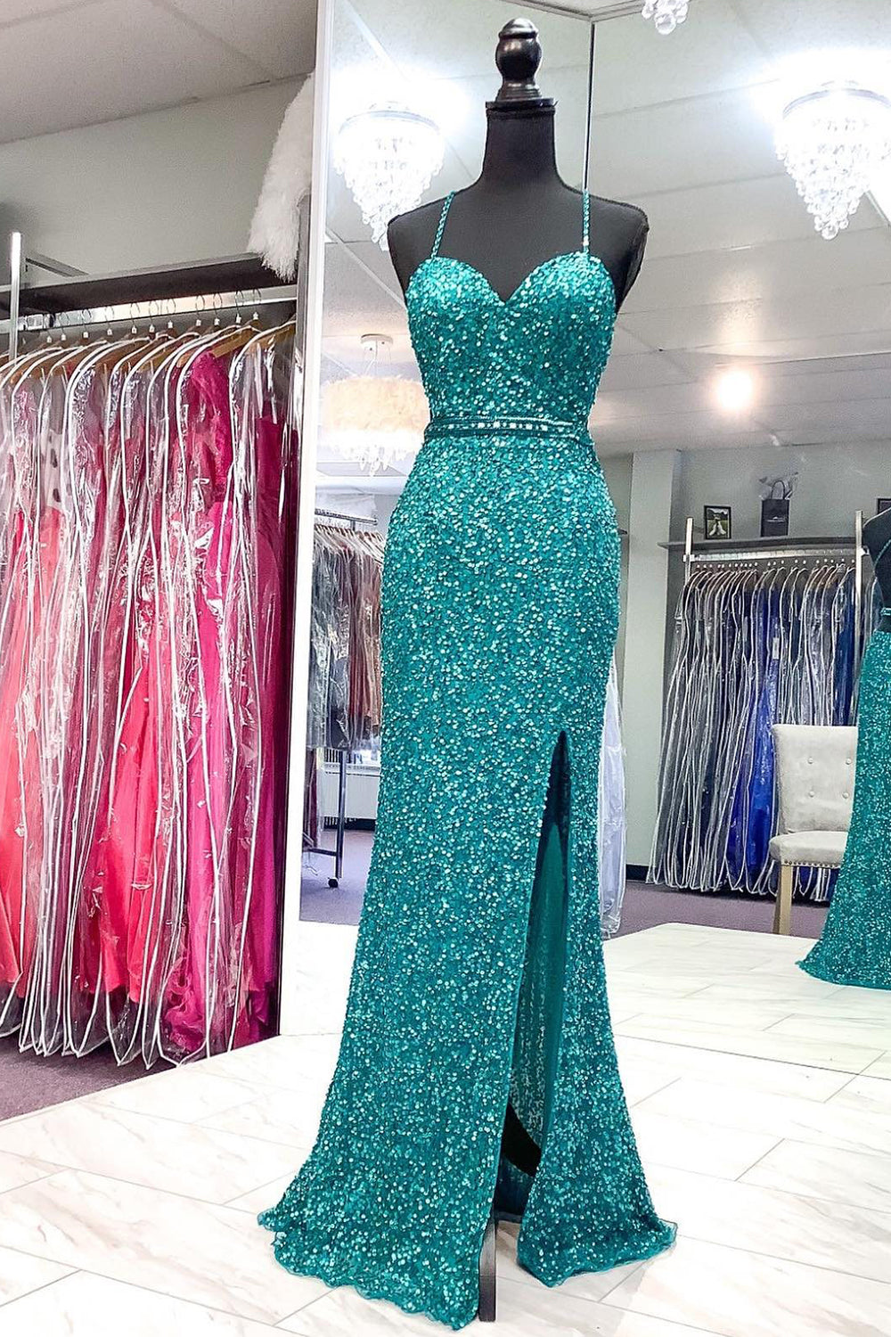 Spaghetti Straps Green Backless Sequins Corset Prom Dress with Slit Gowns, Bridesmaid Dress Tulle