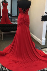 Beaded Red Mermaid Corset Prom Dress with Appliques Gowns, Bridesmaid Dresses Summer Wedding