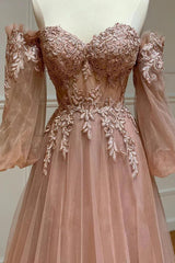Blush Corset Off the Shoulder Long Corset Prom Dress with Appliques Gowns, Bridesmaids Dresses Modest