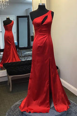 Mermaid One Shoulder Red Long Corset Prom Dress with Keyhole outfit, Bridesmaid Dress Online