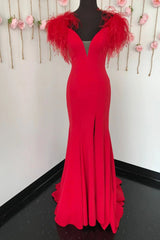 Red Mermaid Long Corset Prom Dress with Feathers outfit, Prom Dresses Blue