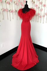 Red Mermaid Long Corset Prom Dress with Feathers outfit, Prom Dresses Fitted