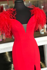 Red Mermaid Long Corset Prom Dress with Feathers outfit, Prom Dress A Line Prom Dress