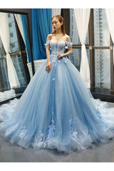 Light Sky Blue Off The Shoulder Corset Ball Gown Tulle Corset Prom Dress With Applique Gowns, Party Dress Afternoon Tea