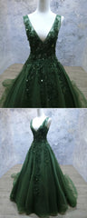 Dark Green Tulle Long Lace Appliques V Neck Corset Prom Dress outfits, Formal Dress Classy